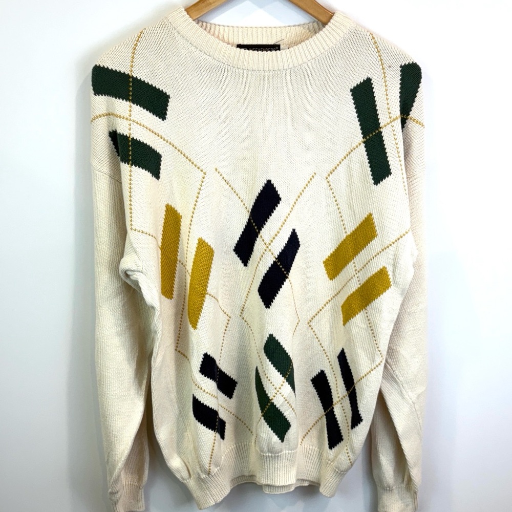 80s/90s 100% cotton Cream Sweater with Geometric Pattern size M